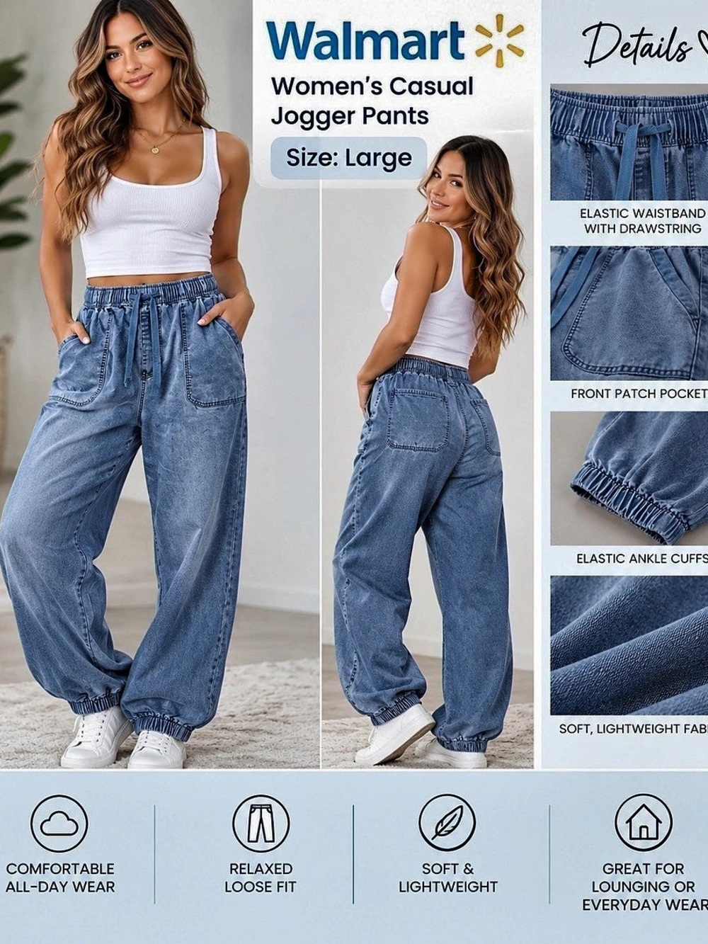Walmart Women's Casual Jogger Pants Blue Jogger Pants Size Large NWT